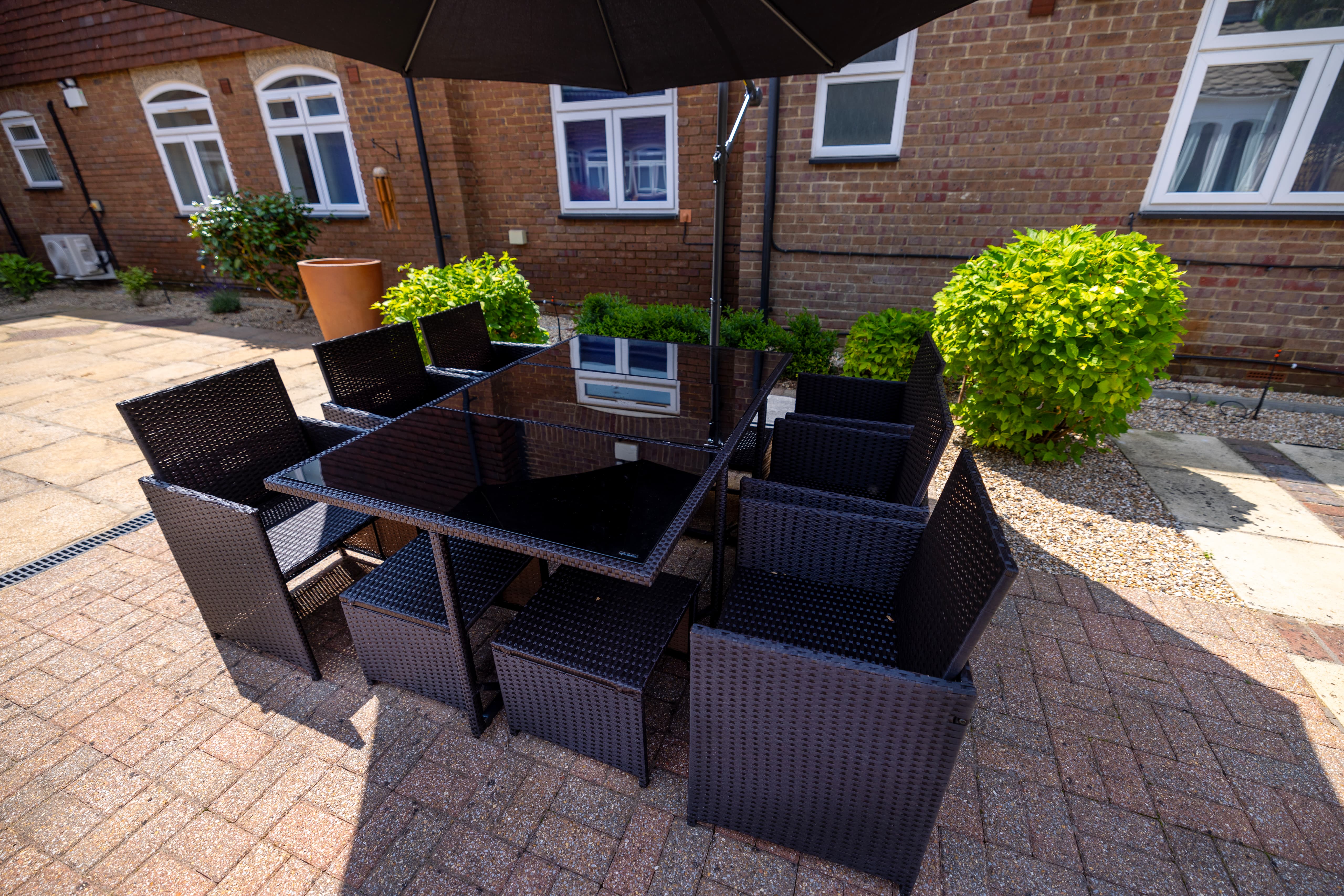 Outdoor patio with wicker furniture
